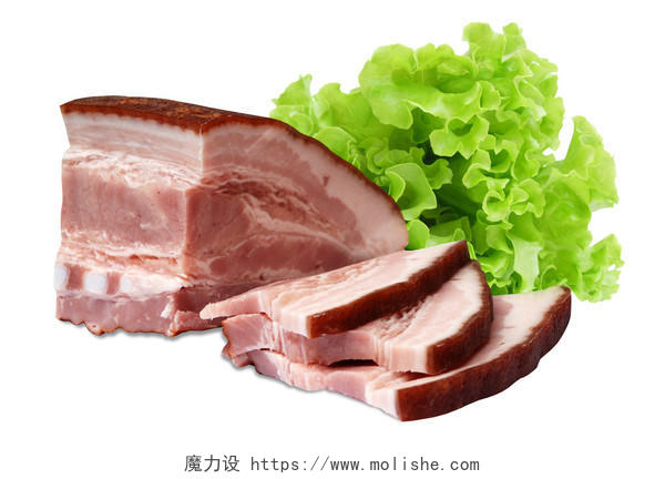 白底食物肉类新鲜一块切片的猪肉